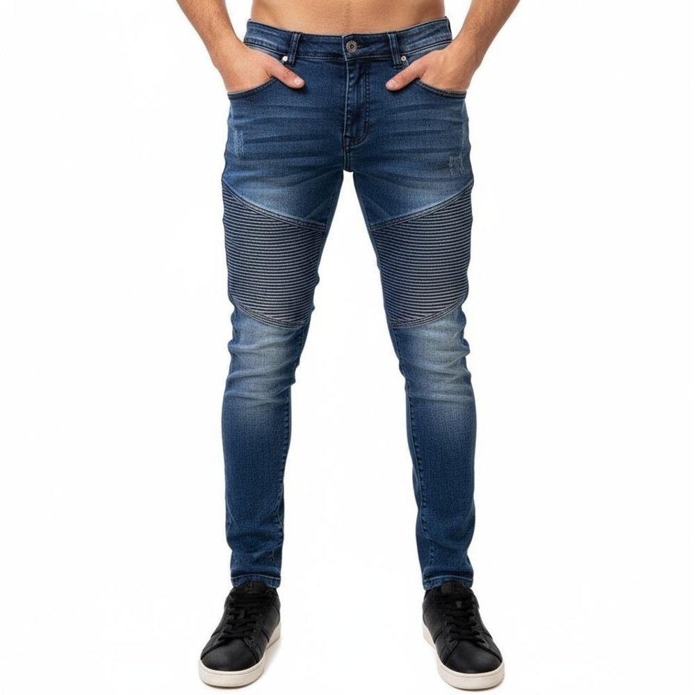 America Breed Jeans Men Dark Blue Denim Stretch Biker Moto Skinny Distressed